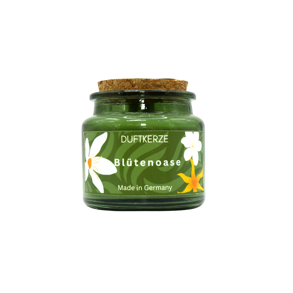 Handgegossene Duftkerze Blütonoase aus Sojawachs von Haduya im grünen Glas