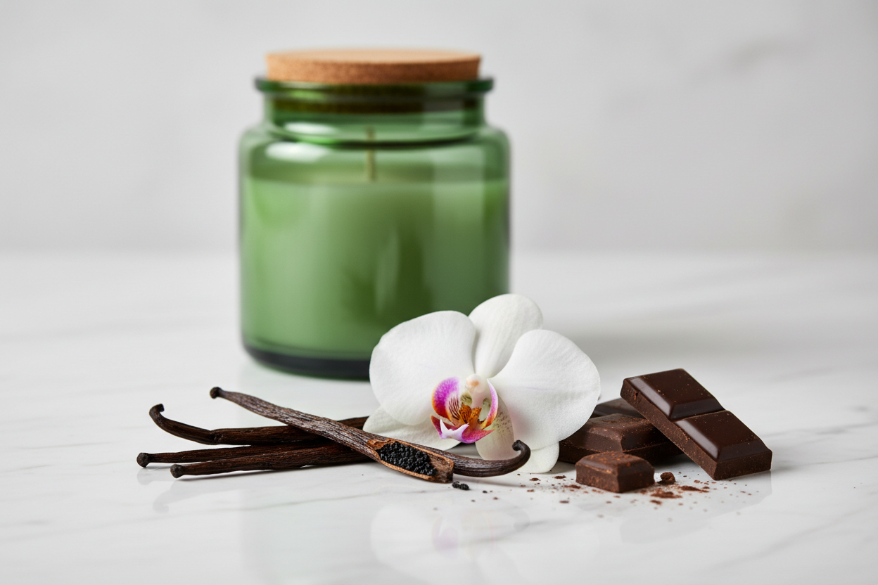 erstelle ein bidl im hintergrund ein grünes kerzenglas mit einem korkdekel und vorne trift orcideeauf vanille und dunkler schokolade